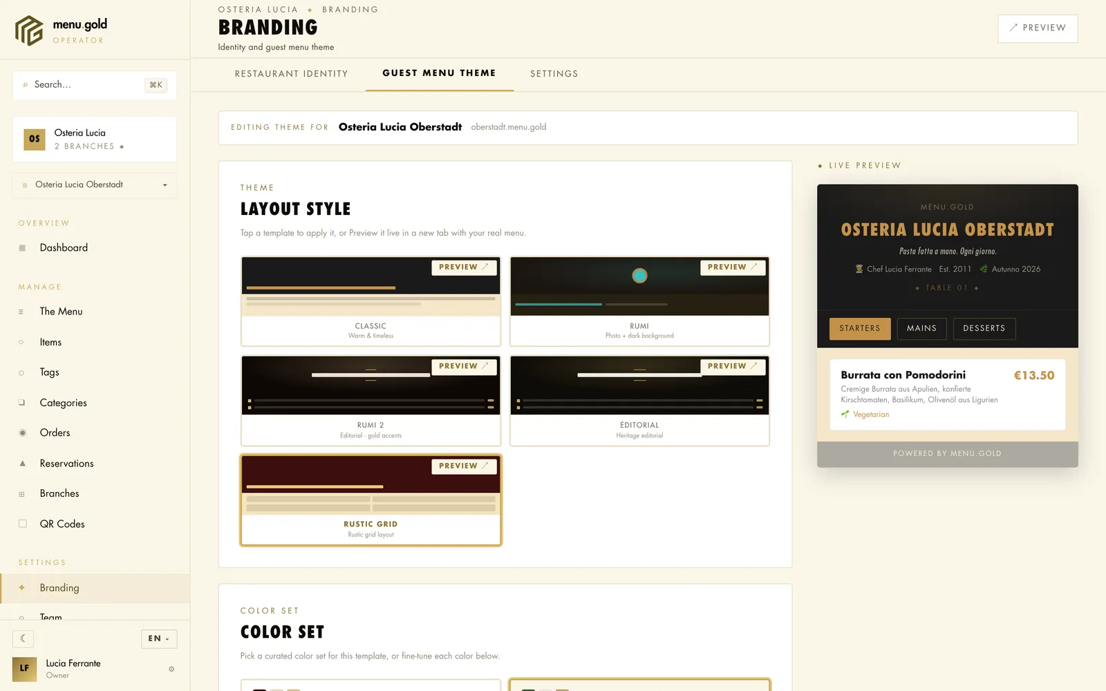Das Theme-Studio im menu.gold-Dashboard