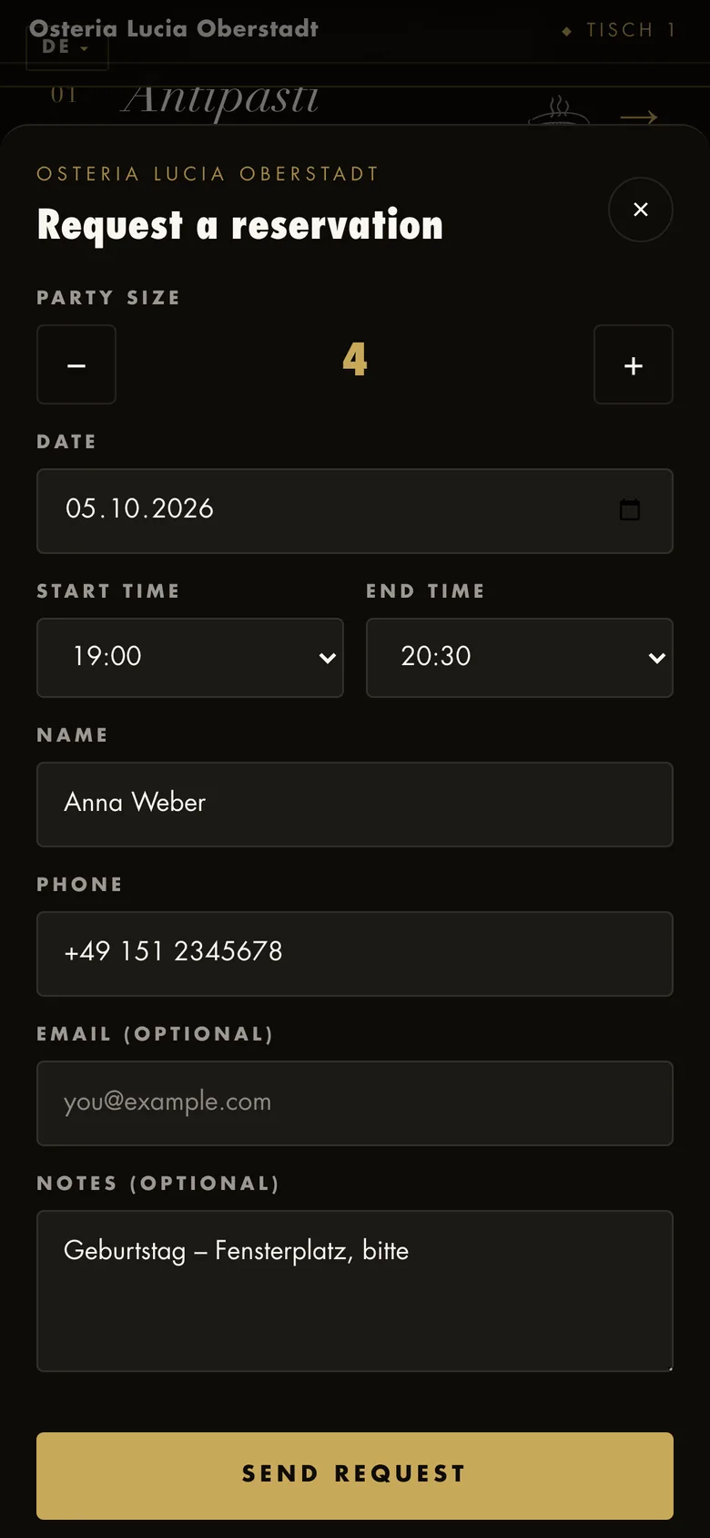Anfragen: Personen, Datum, Uhrzeit, Name, Telefon und eine optionale Notiz.