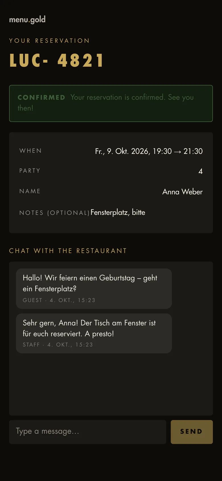 Austauschen: Ein privater Chat zwischen Gast und Restaurant.